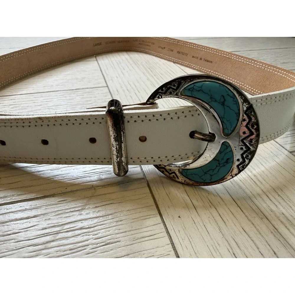 Vtg 1988 LIZ CLAIBORNE Women's L Wide‎ Belt White Leather Turquoise Buckle Retro